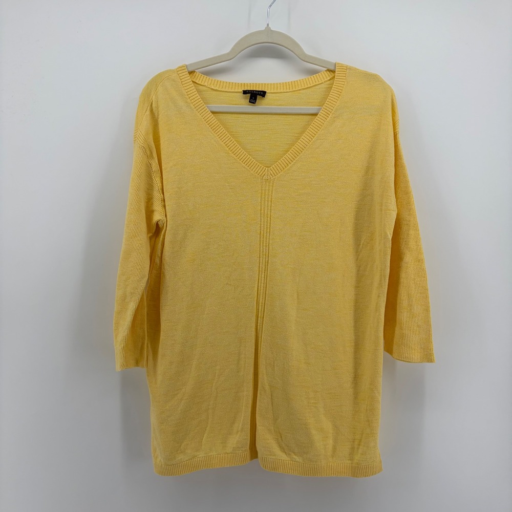 Talbots Womens Small Yellow V-Neck 100% Cotton 3/4 Sleeve Marl Knit Sweater